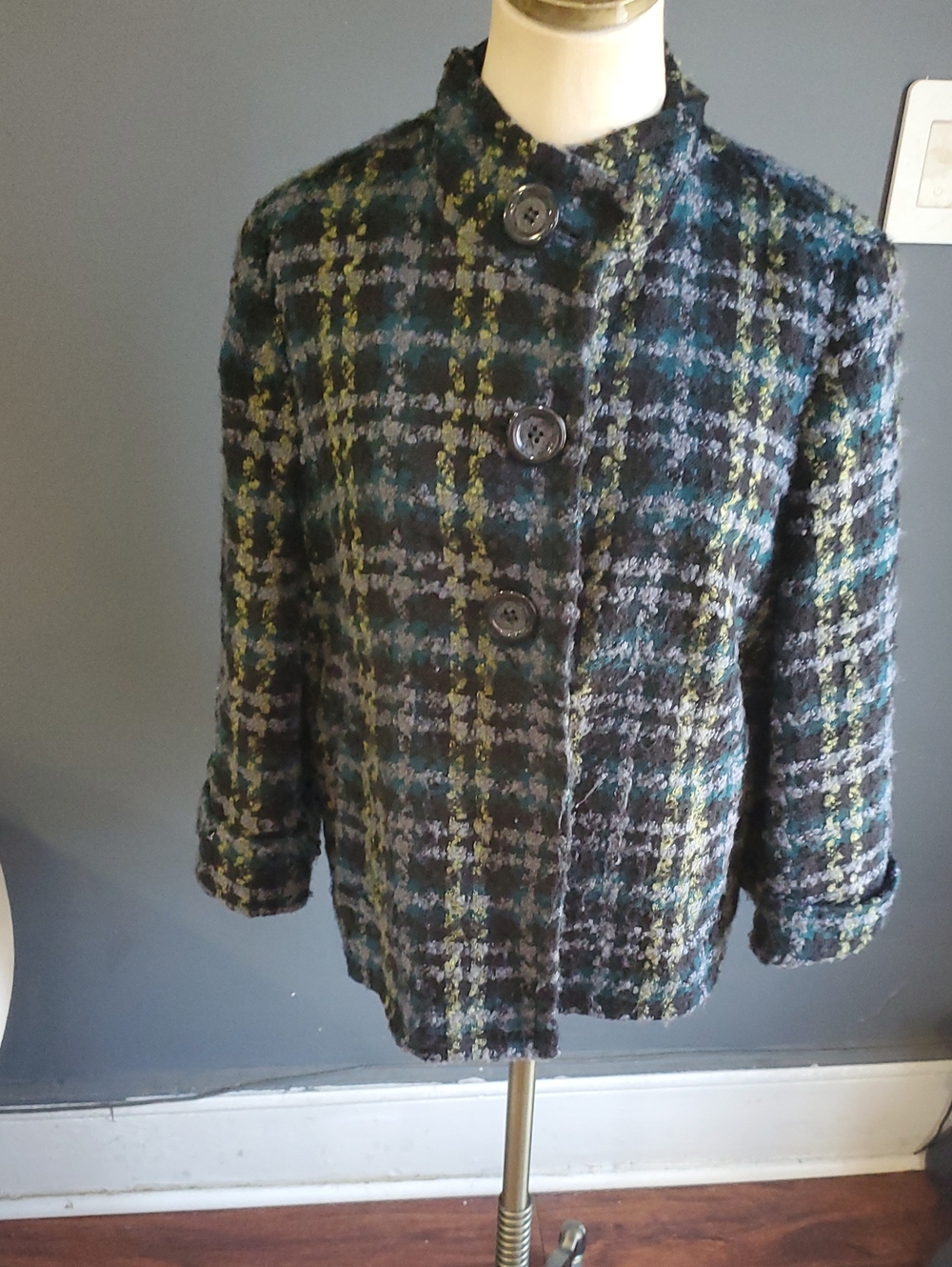 Axcess Black, Teal & Yellow Plaid Boxy Jacket Size L